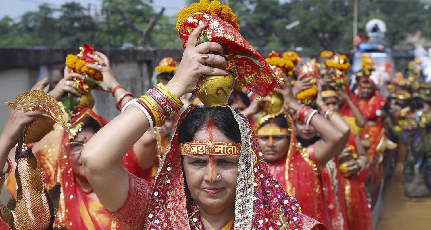Ranchi: Devotees take part in Kalash Yatra on the first day of the Navratri festival, in Ranchi, Jharkhand, on Monday.