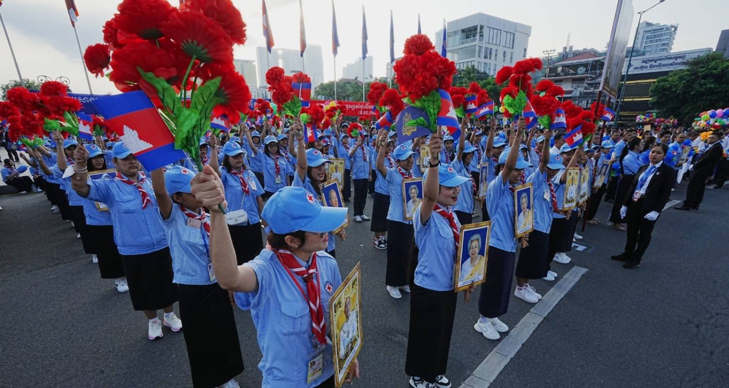 Students participate in the country's 72nd Independence Day ceremony in Phnom Penh Cambodia, Sunday.