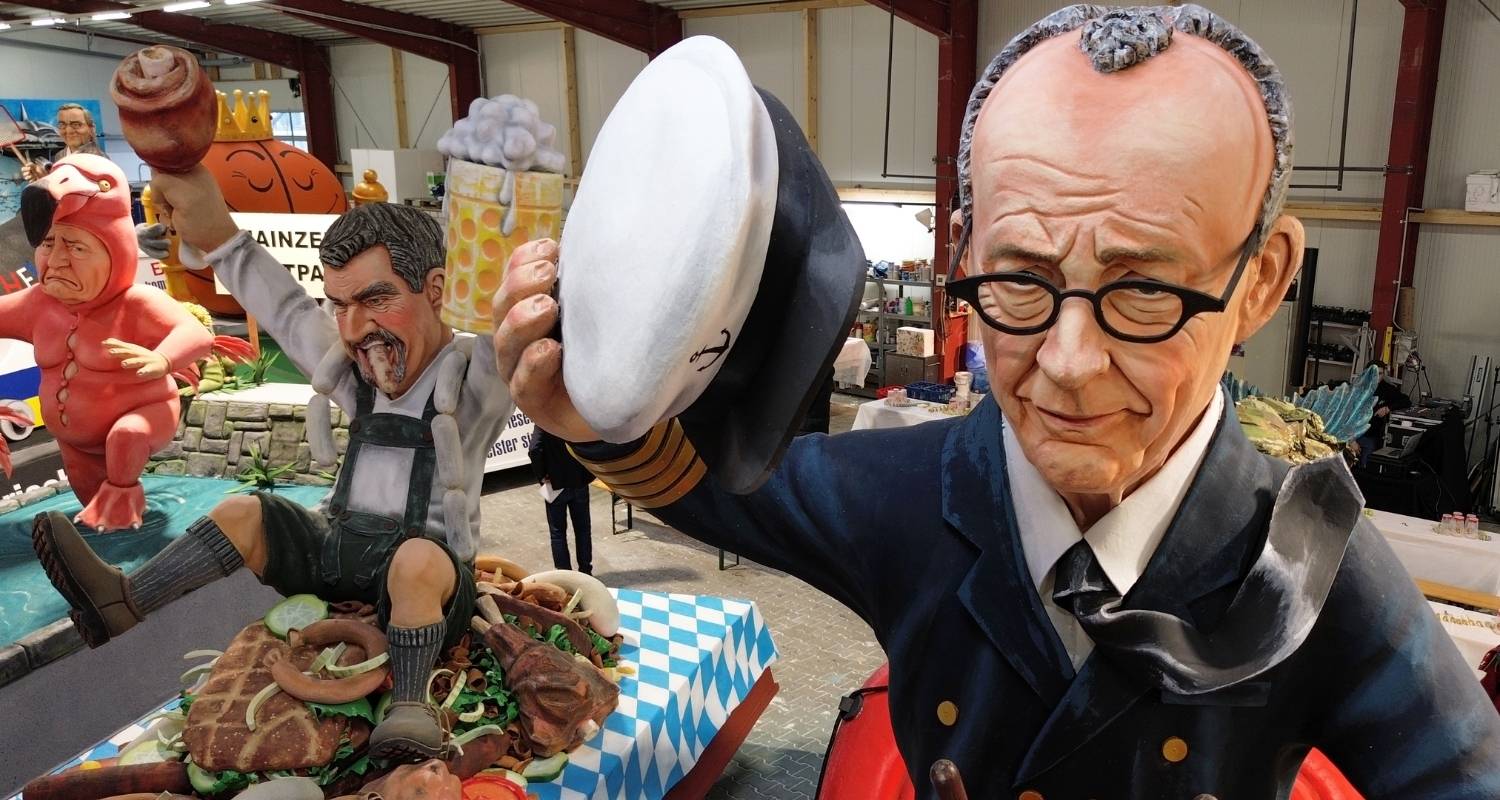 A carnival float displays a figure depicting German Chancellor Friedrich Merz during a press preview for Mainz carnival, Germany, Tuesday.