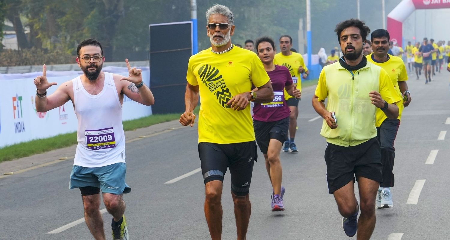 Actor-model Milind Soman with other runners during the 10th edition of the JBG Kolkata Marathon, Sunday.