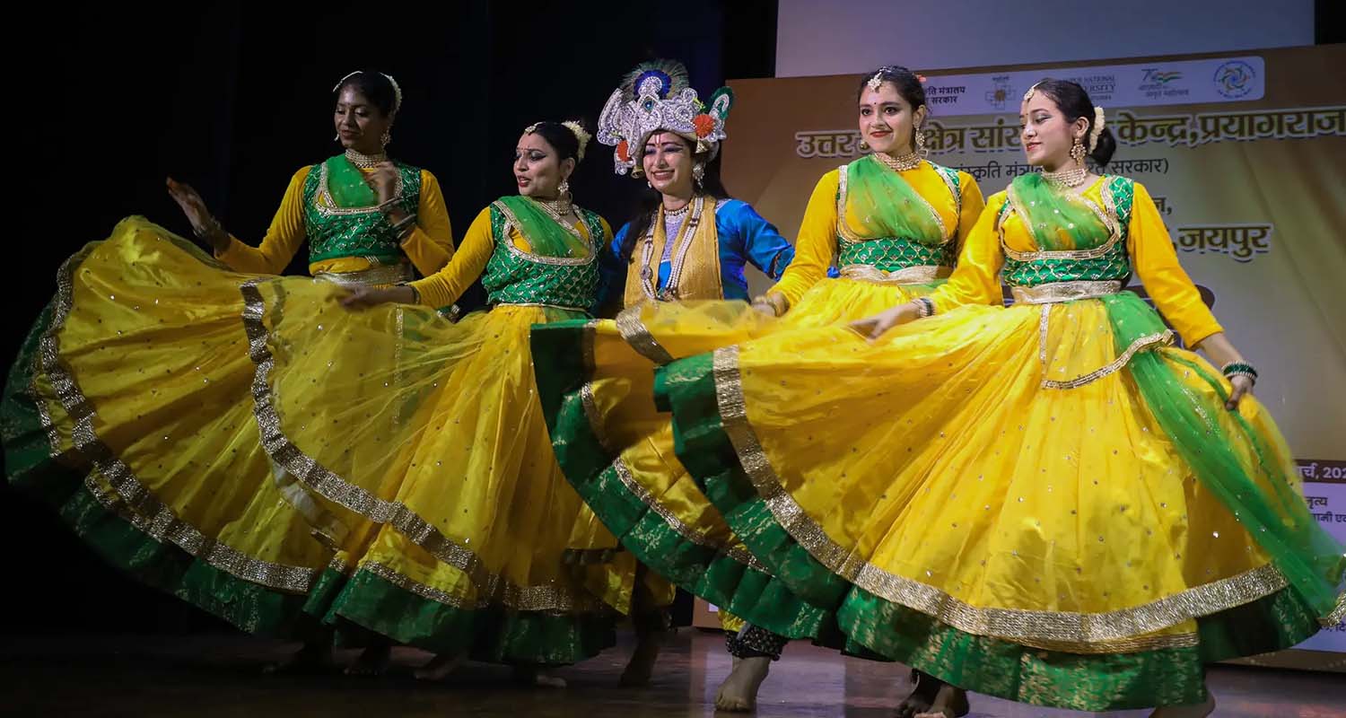 Artists perform a dance during the 'Nrityam' dance event at the Jaipur National University, Jaipur.
