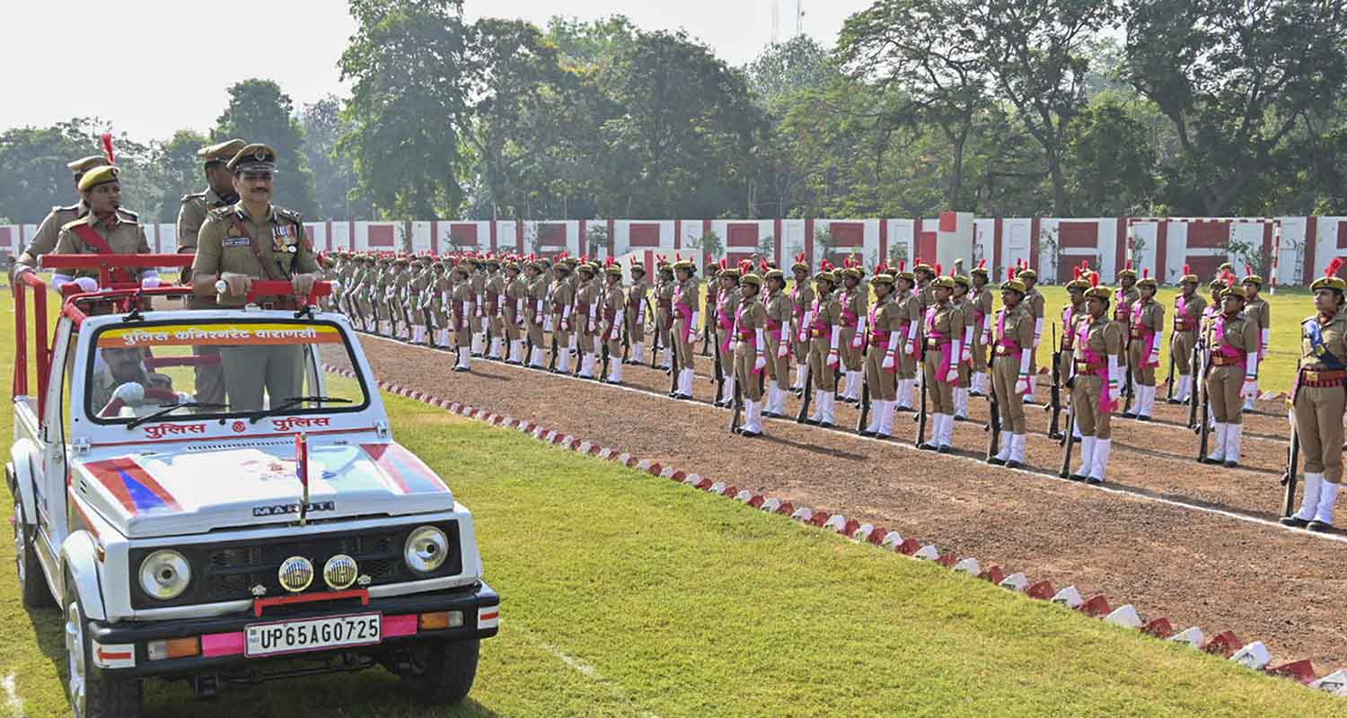 Trainee women constables take part in a rehearsal for the passing-out parade at the Police Lines parade ground, in Varanasi, on Friday.