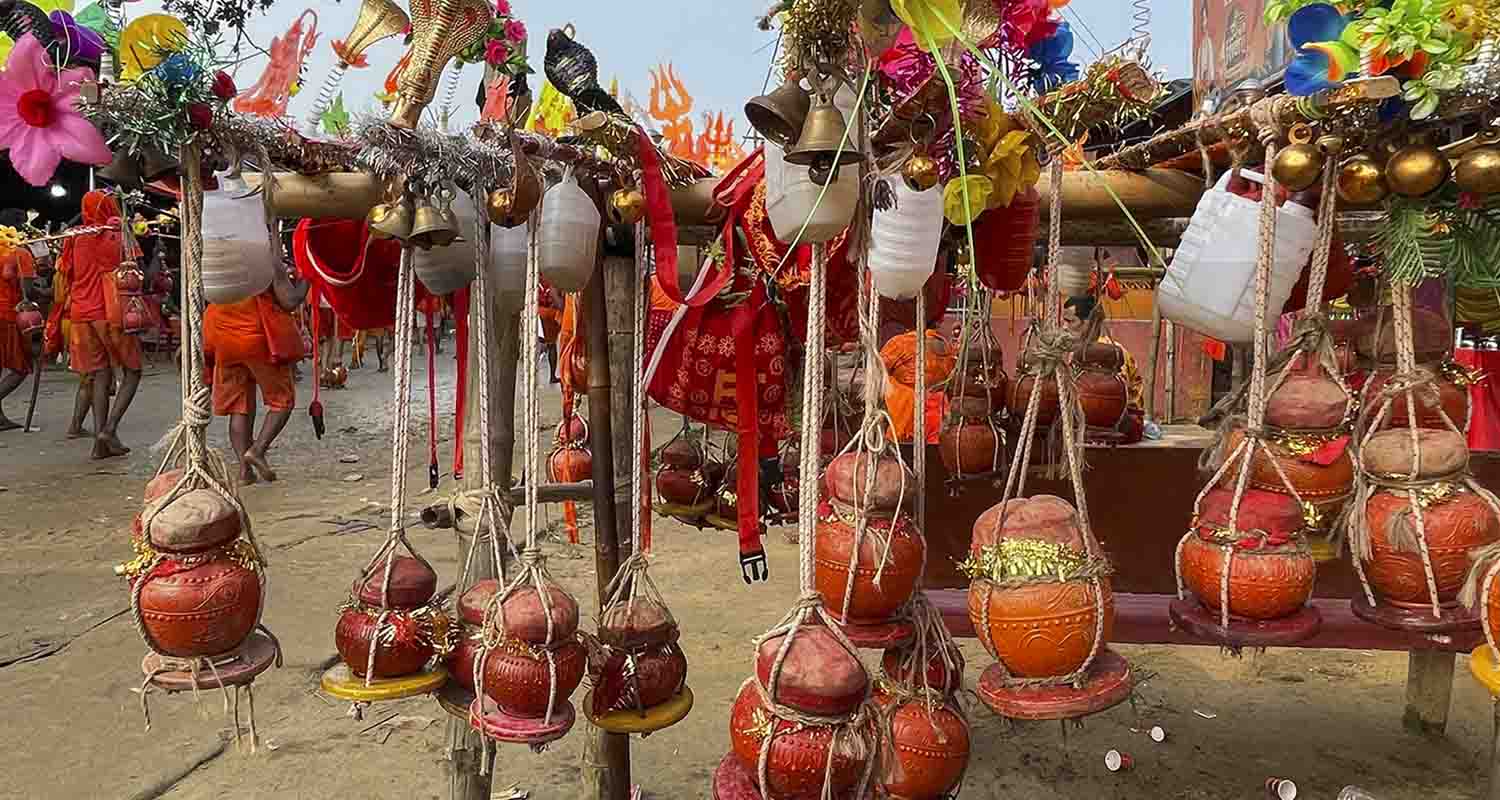 Banka: Vessels used by ‘kanwariyas’ for filling Ganga river water, kept near a camp during their pilgrimage in the holy month of ‘Shravan’, in Banka district of Bihar, on Wednesday.