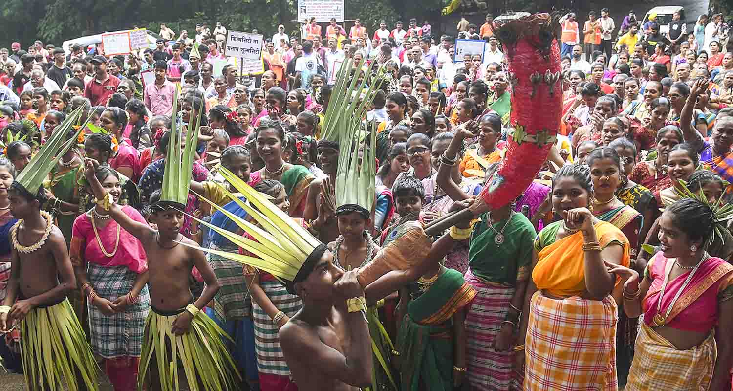 Members of the tribal community perform traditional dance to celebrate the International Day of the World’s Indigenous Peoples, at Aarey colony, in Mumbai, on Saturday.
