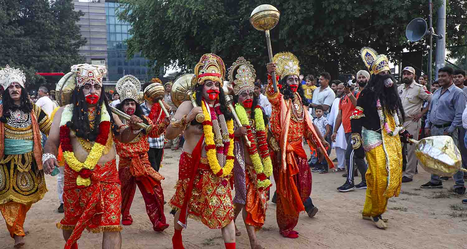 Nagpur: Fireworks explode behind effigies of demon king 'Ravana', his brother 'Kumbhakarna' and son 'Meghnath' during the Dussehra festival celebration, in Nagpur, Maharashtra, on Thursday. Nagpur: Fireworks explode behind effigies of demon king 'Ravana', his brother 'Kumbhakarna' and son 'Meghnath' during the Dussehra festival celebration, in Nagpur, Maharashtra, on Thursday.