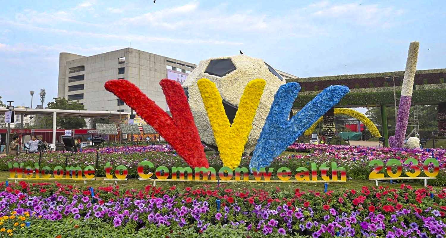 Floral sculpture of Commonwealth Games logo at the 14th International Flower Show at Sabarmati Riverfront Event Centre, in Ahmedabad.