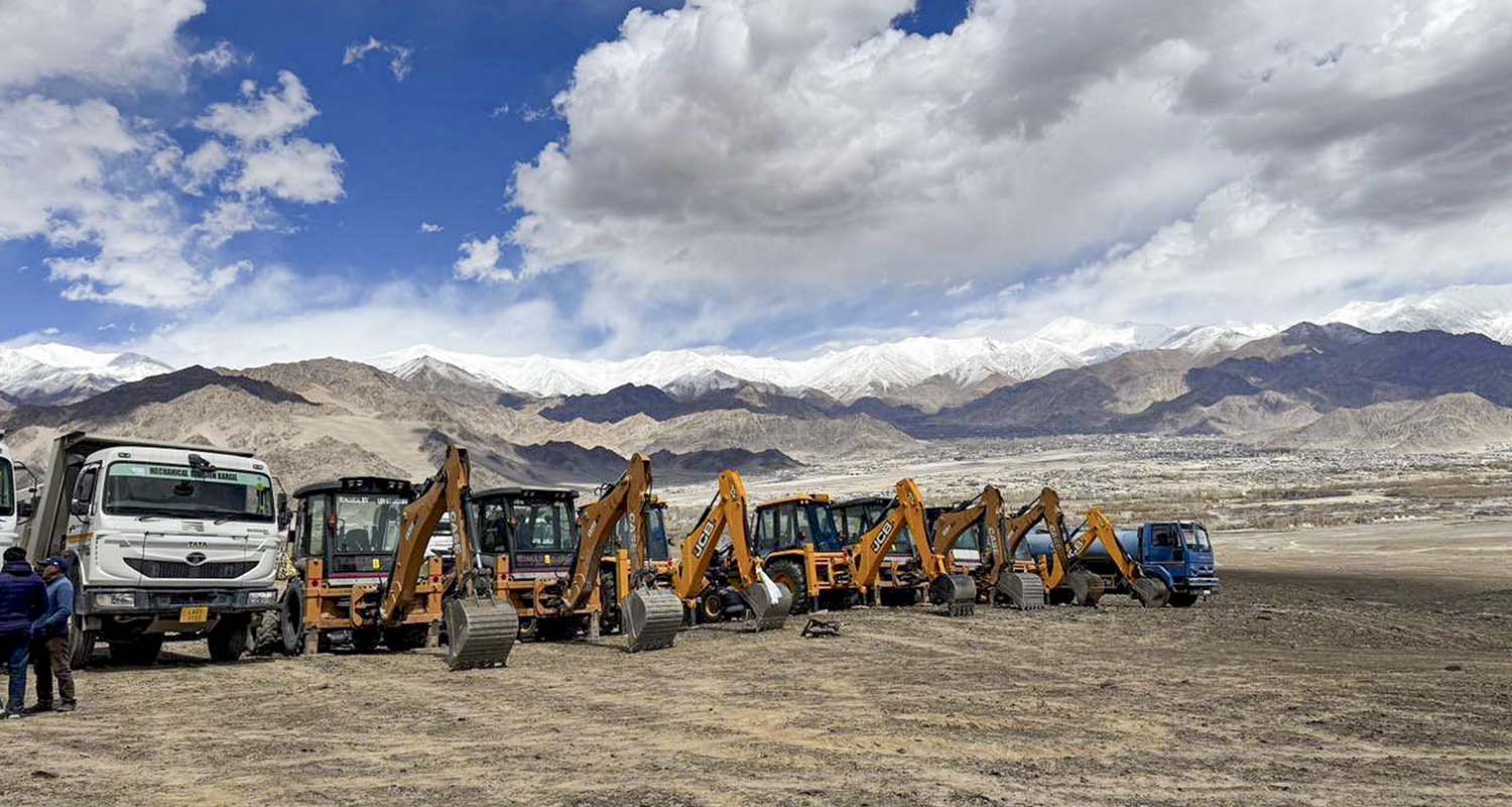 Excavators lined up during the launch of excavation work for creation of water bodies under Project Him Sarovar, in Leh.