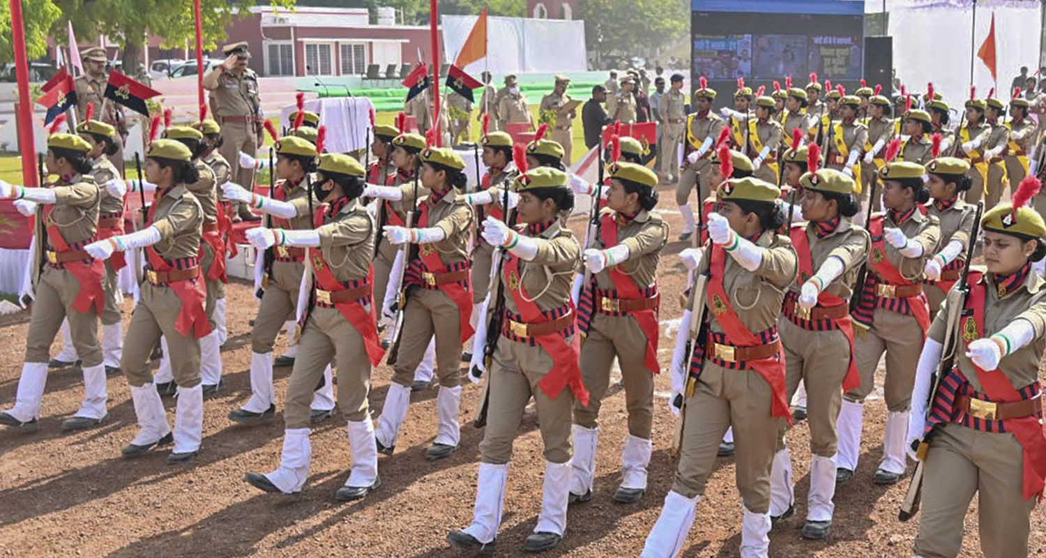 Trainee women constables take part in a rehearsal for the passing-out parade at the Police Lines parade ground, in Varanasi, on Friday.