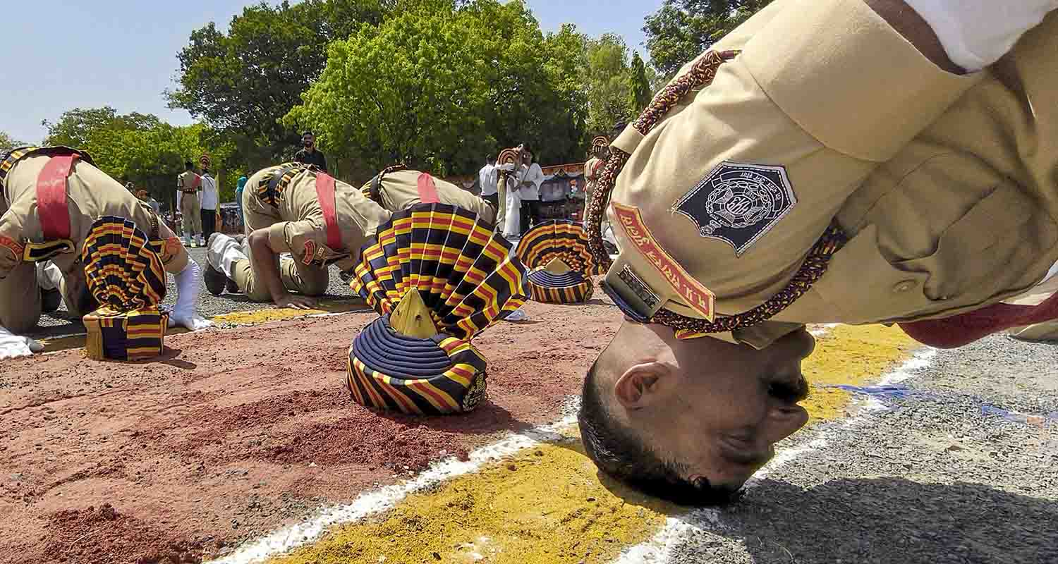 Newly inducted constables perform a drill demonstration during the Joint Convocation Parade 2026 ceremony at the Police Training College, in Indore, on Tuesday. Newly inducted constables perform a drill demonstration during the Joint Convocation Parade 2026 ceremony at the Police Training College, in Indore, on Tuesday.