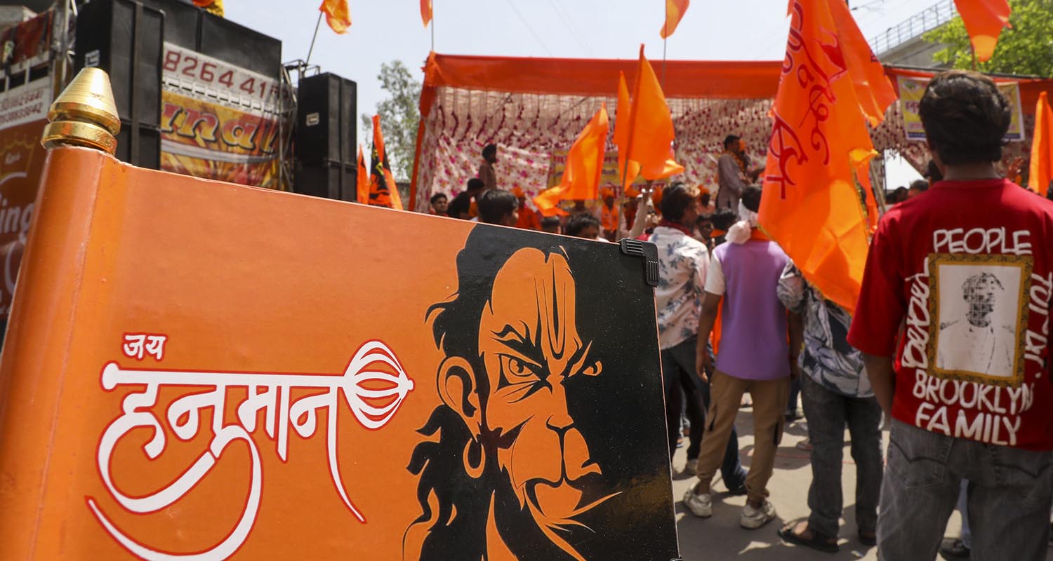 New Delhi: People take part in a ‘Shobha Yatra’ on the occasion of Hanuman Jayanti, at Jahangirpuri in New Delhi, on Saturday.