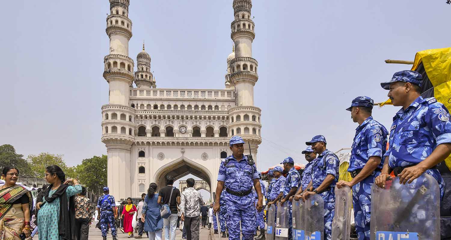 Rapid Action Force (RAF) personnel keep vigil amid heightened security ahead of the Eid al-Fitr festival, near Charminar in Hyderabad, on Friday. Rapid Action Force (RAF) personnel keep vigil amid heightened security ahead of the Eid al-Fitr festival, near Charminar in Hyderabad, on Friday.