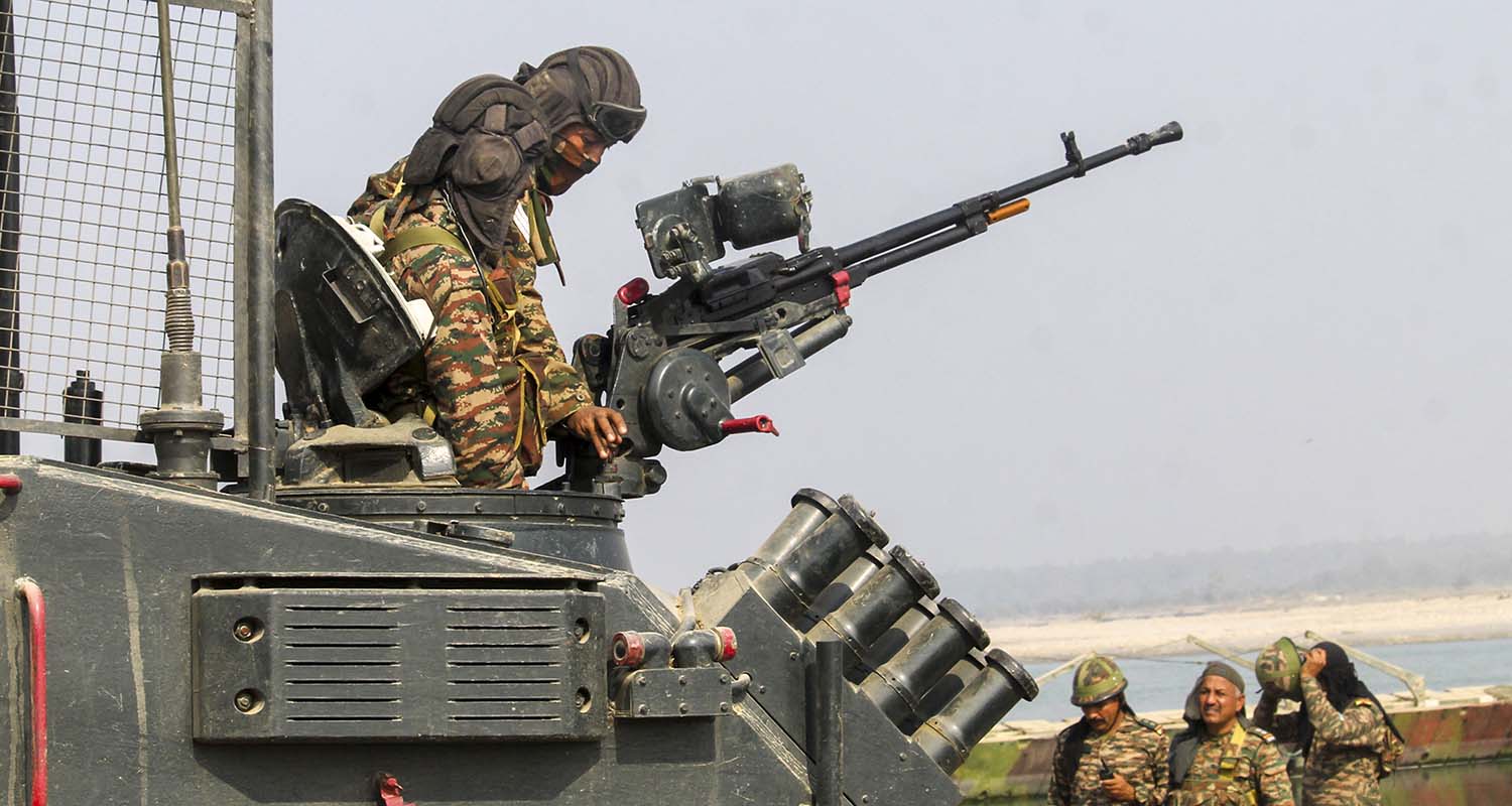 An Army personnel drives an amphibious armoured vehicle through a water body during exercise ‘Ram Prahar’ led by the Western Command at Jhilmil Lake Reserve Forest, in Haridwar, Uttarakhand, on Saturday.