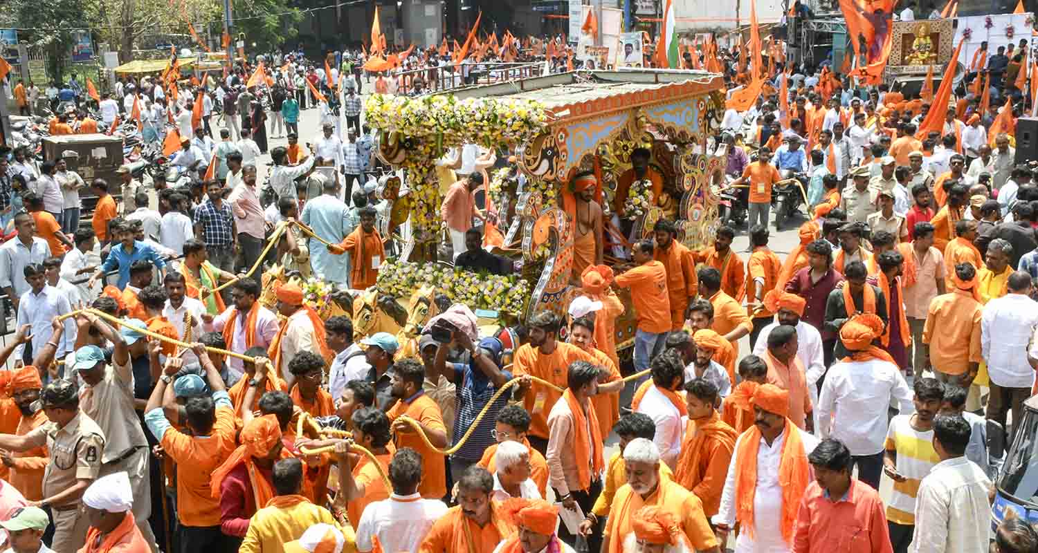 New Delhi: People take part in a ‘Shobha Yatra’ on the occasion of Hanuman Jayanti, at Jahangirpuri in New Delhi, on Saturday.