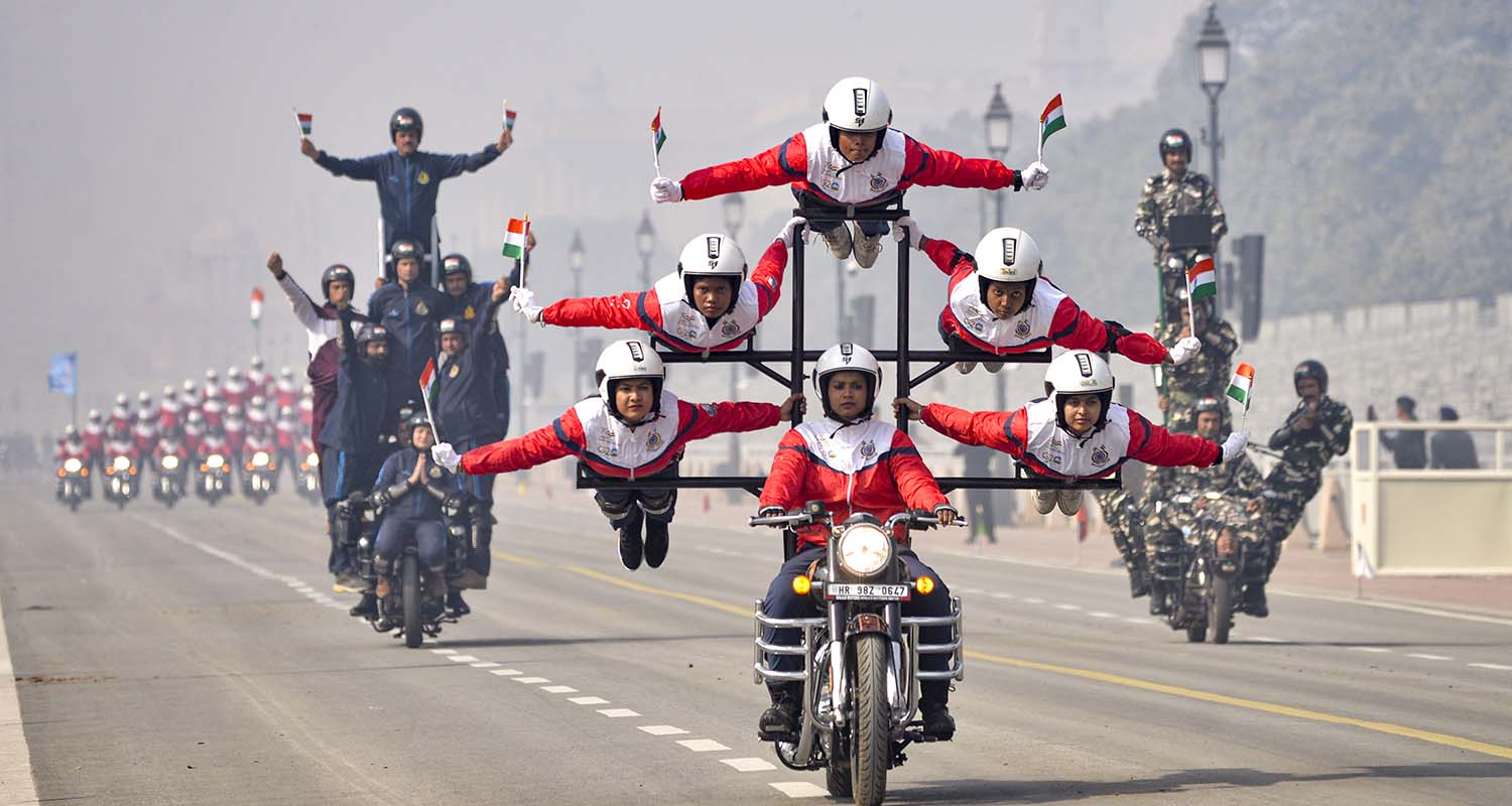 CRPF’s Daredevils team performs stunts in ‘Lotus’ formation during rehearsals for the Republic Day Parade, in New Delhi, on Saturday.