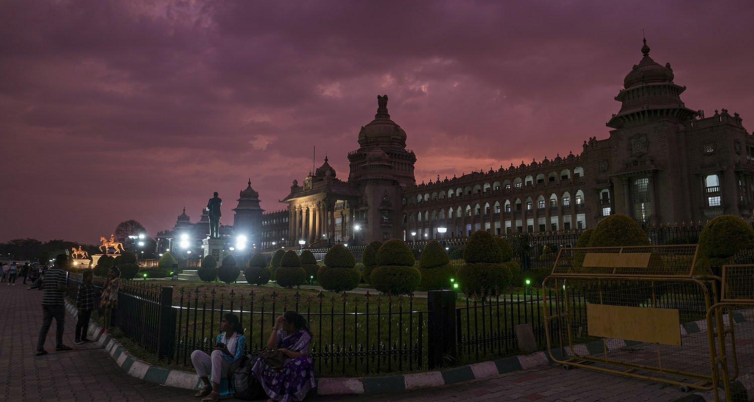 Lightning flashes across the night sky during a thunderstorm, in Mysuru, on Tuesday.