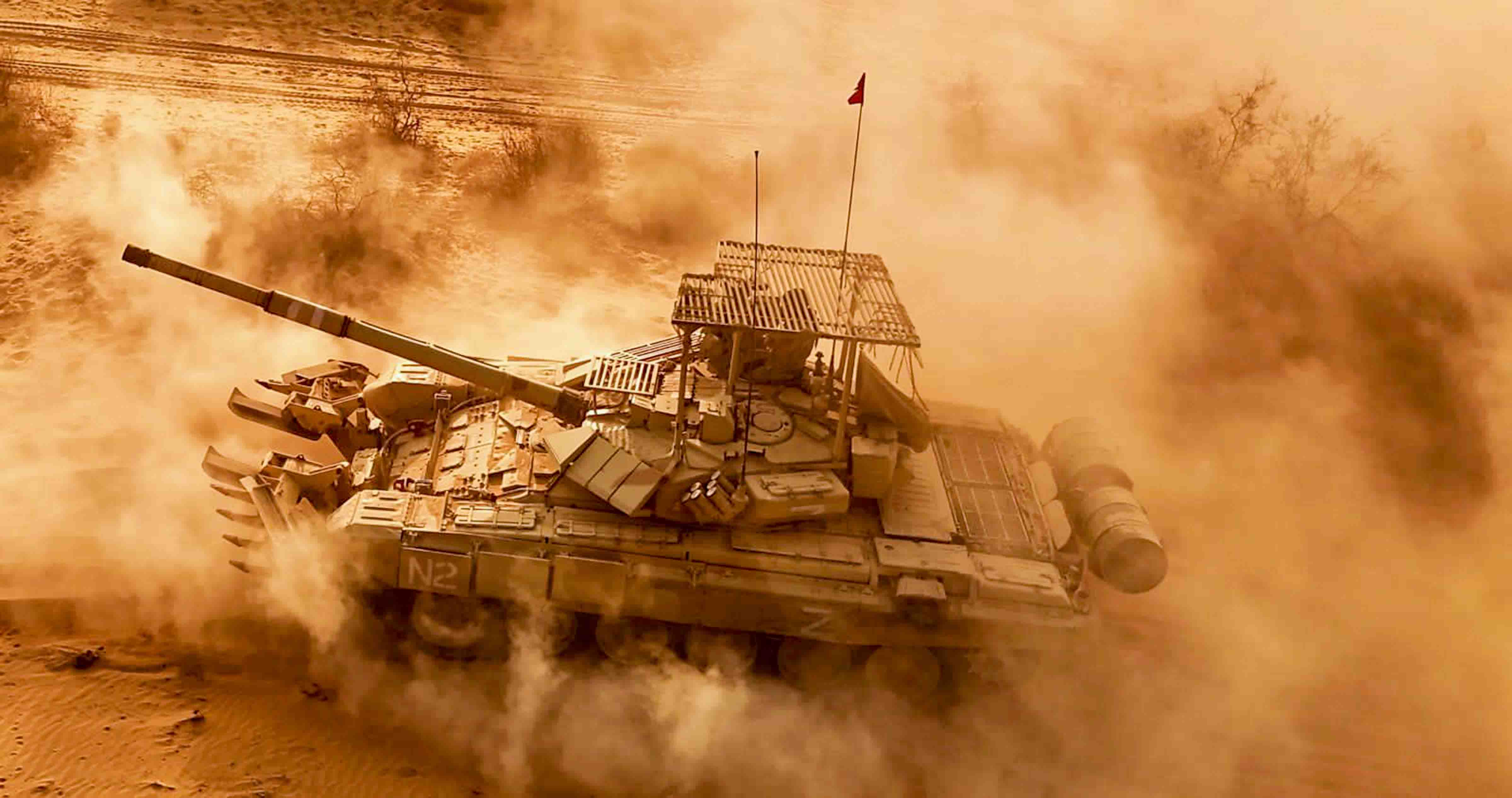 An Indian Army T-90 Bhishma main battle tank manoeuvres during Exercise Kharga Shakti 2026 conducted by Kharga Corps, in Bikaner district, Rajasthan. An Indian Army T-90 Bhishma main battle tank manoeuvres during Exercise Kharga Shakti 2026 conducted by Kharga Corps, in Bikaner district, Rajasthan.