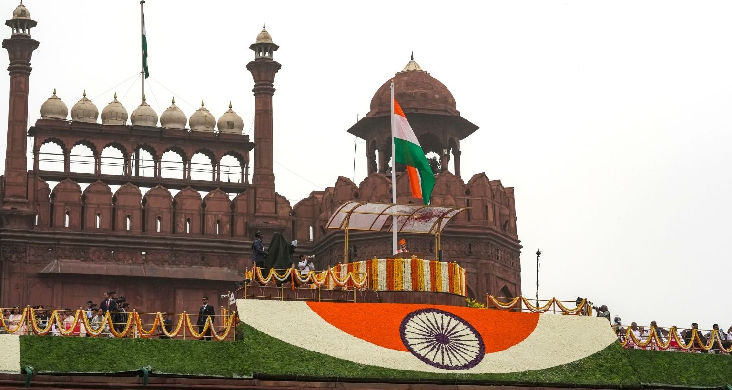 Prime Minister Narendra Modi addresses the nation from the Red Fort on the occasion of the 79th Independence Day, in New Delhi, Friday.