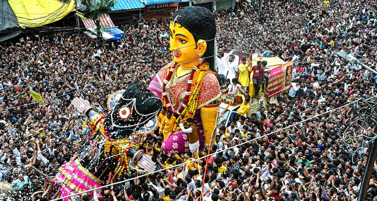 People participate in the ‘Kali and Pili Marbat’ procession as part of Pola festival celebrations, in Nagpur, Maharashtra, on Saturday.