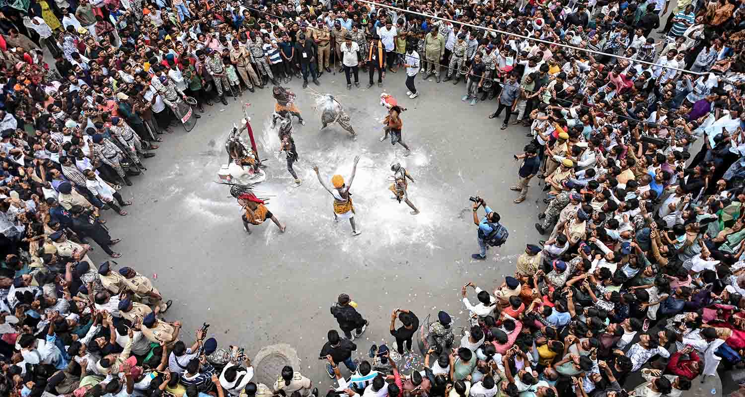 People participate in the ‘Kali and Pili Marbat’ procession as part of Pola festival celebrations, in Nagpur, Maharashtra, on Saturday.
