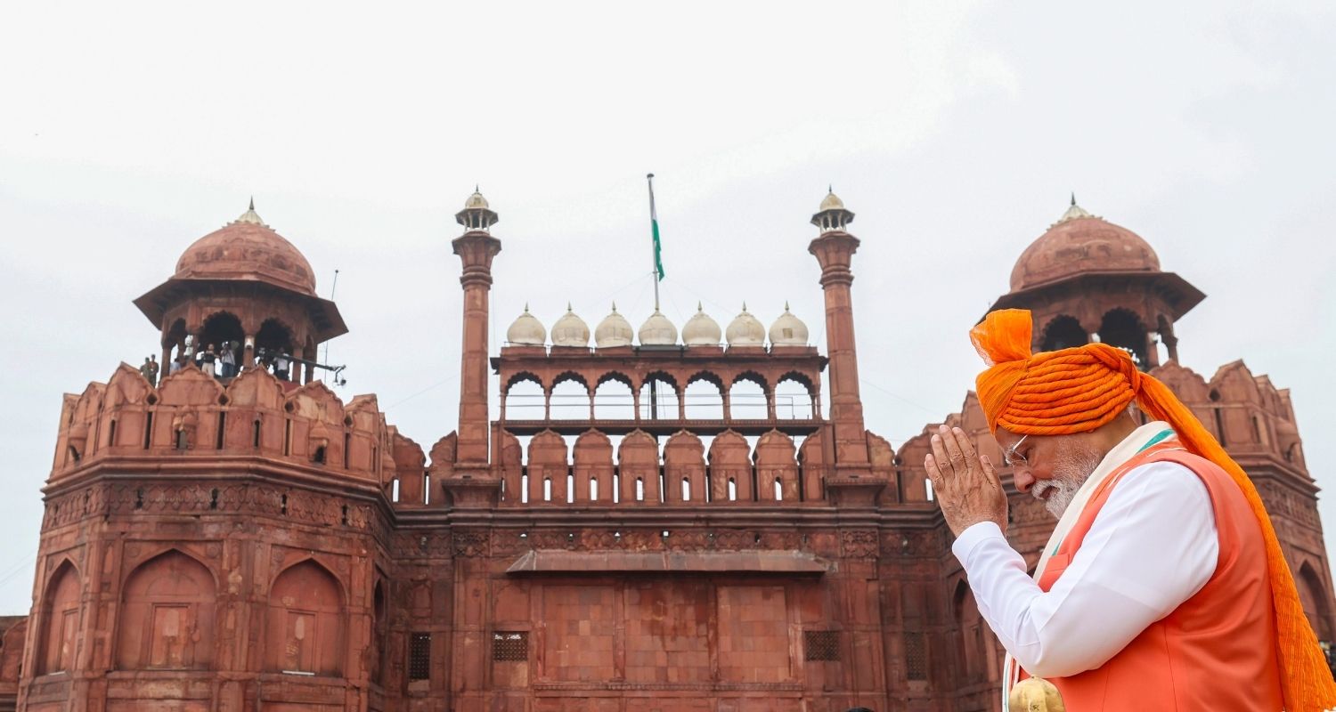 Prime Minister Narendra Modi addresses the nation from the Red Fort on the occasion of the 79th Independence Day, in New Delhi, Friday.