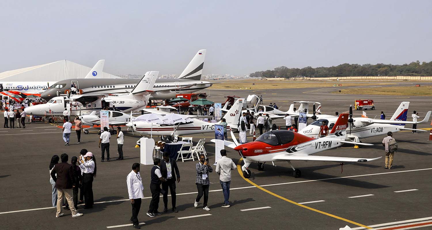 Aircraft on display during Wings India 2026, Asia's largest civil aviation exhibition and conference, at Begumpet Airport, in Hyderabad, on Wednesday.